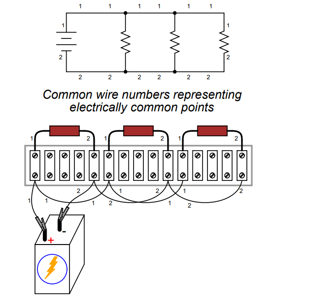 Common wire numbers representing electrically common points