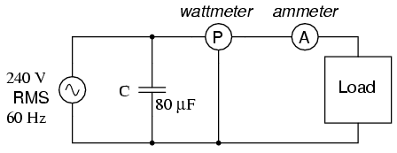 Parallel capacitor corrects lagging (inductive) load